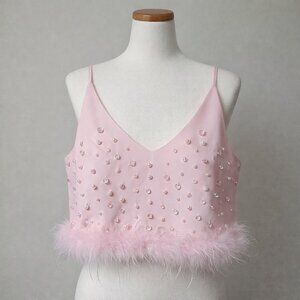 Buddy Love Pink Beaded Feather Crop Top Cami Y2K Coquette Party Size L